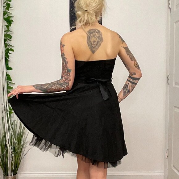 Y2K Vintage Strapless Mini Dress Sweetheart Neck Tie-Waist Size L Black - Picture 11 of 16
